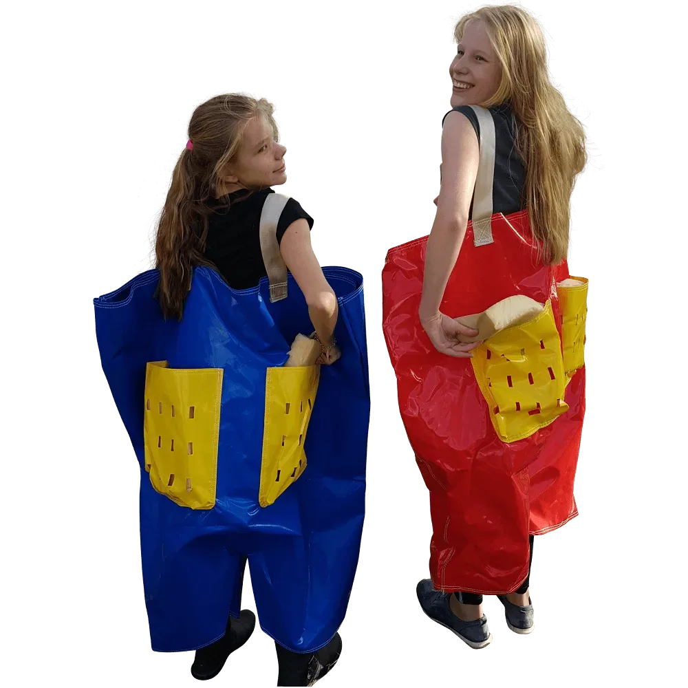 Sponsbroek set van twee stuks, een rode en een blauwe, voor een zeskampspel te huur bij Opblaaswereld de Blok.