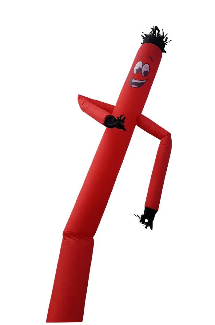 Rode skydancer van 6 meter hoog met lachend gezicht en zwarte haren en handen, dansend in de lucht.